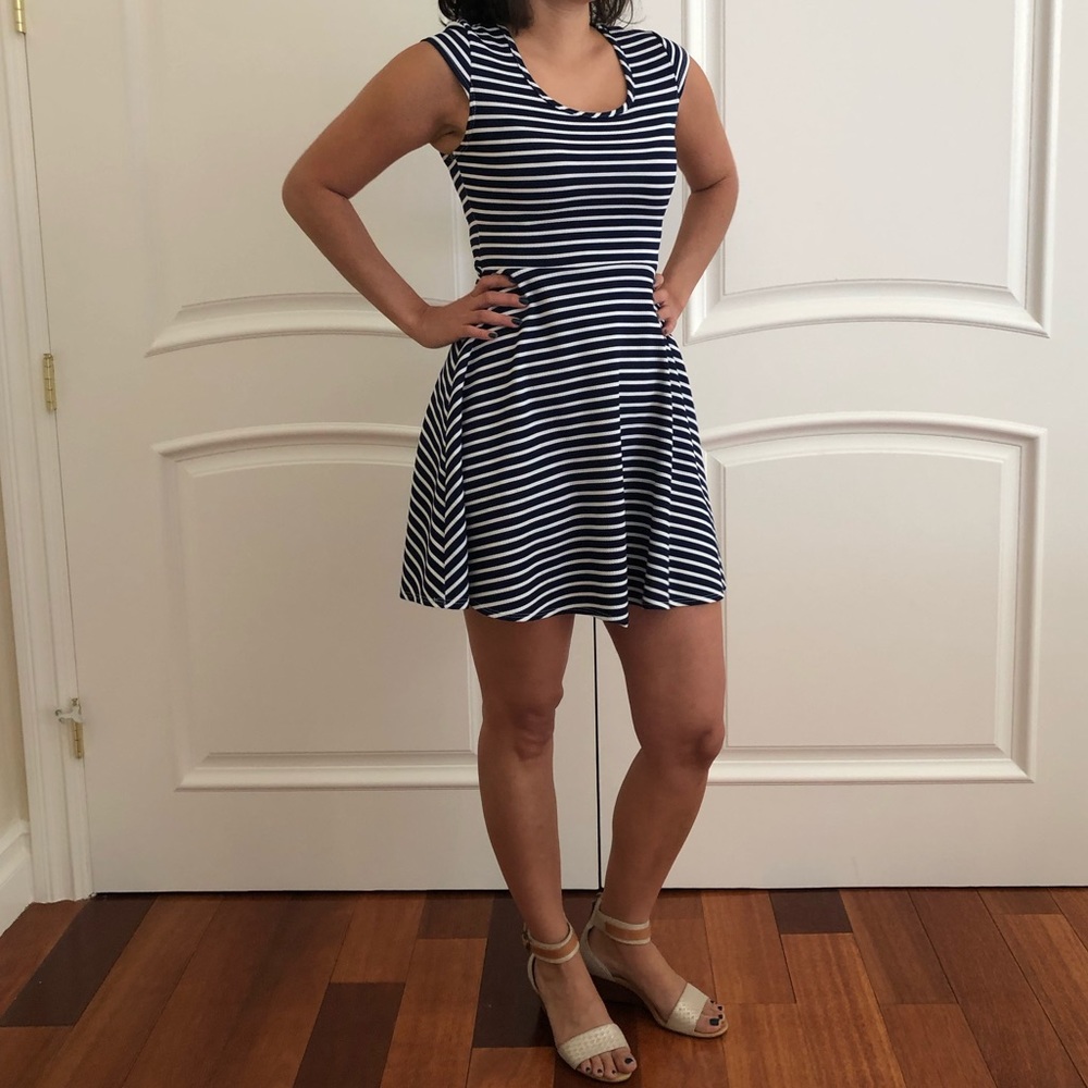 Navy blue and white striped dress
